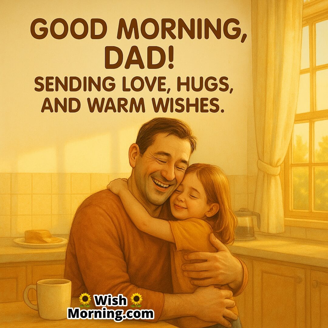 Father receiving a hug in morning sunlight, symbolizing affection and warmth.
