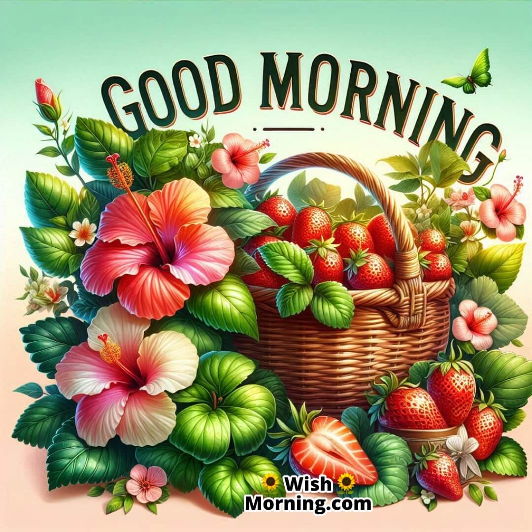 Good Morning Image With Hibiscus And Strawberry