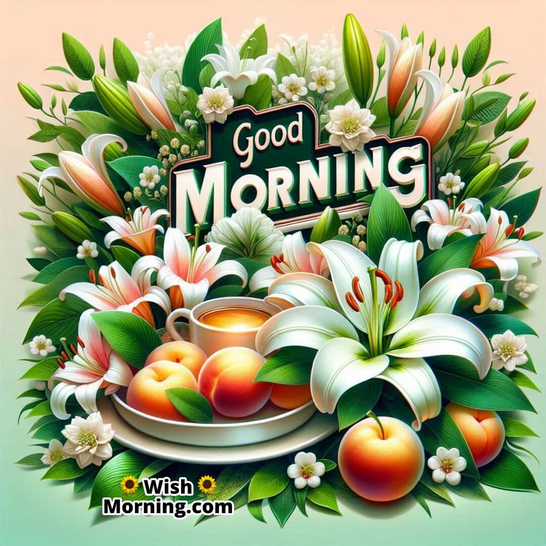 Good Morning Image With White Lilies And Peaches
