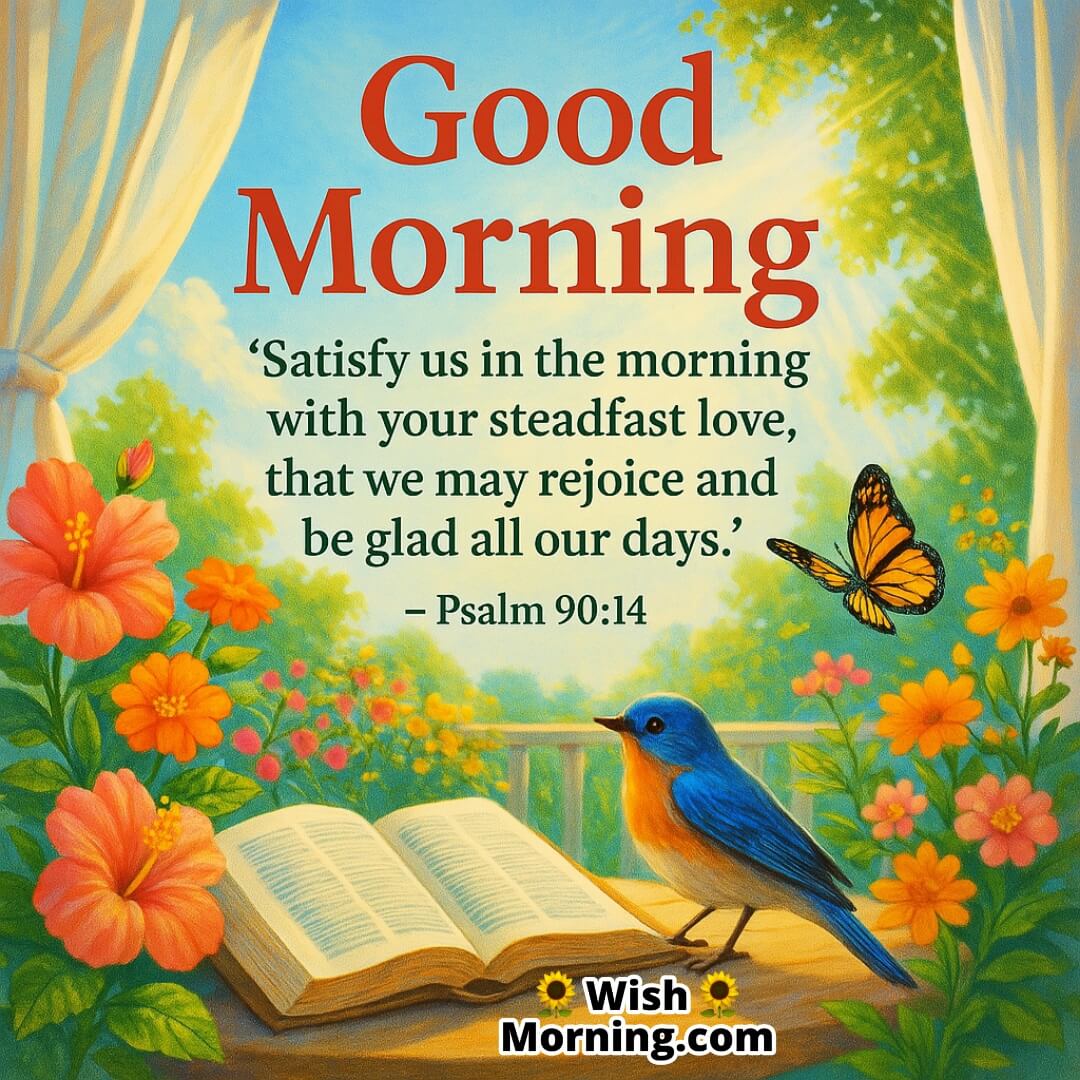 Good Morning with Psalm 90:14 in a colorful terrace scene symbolizing divine love and morning joy.