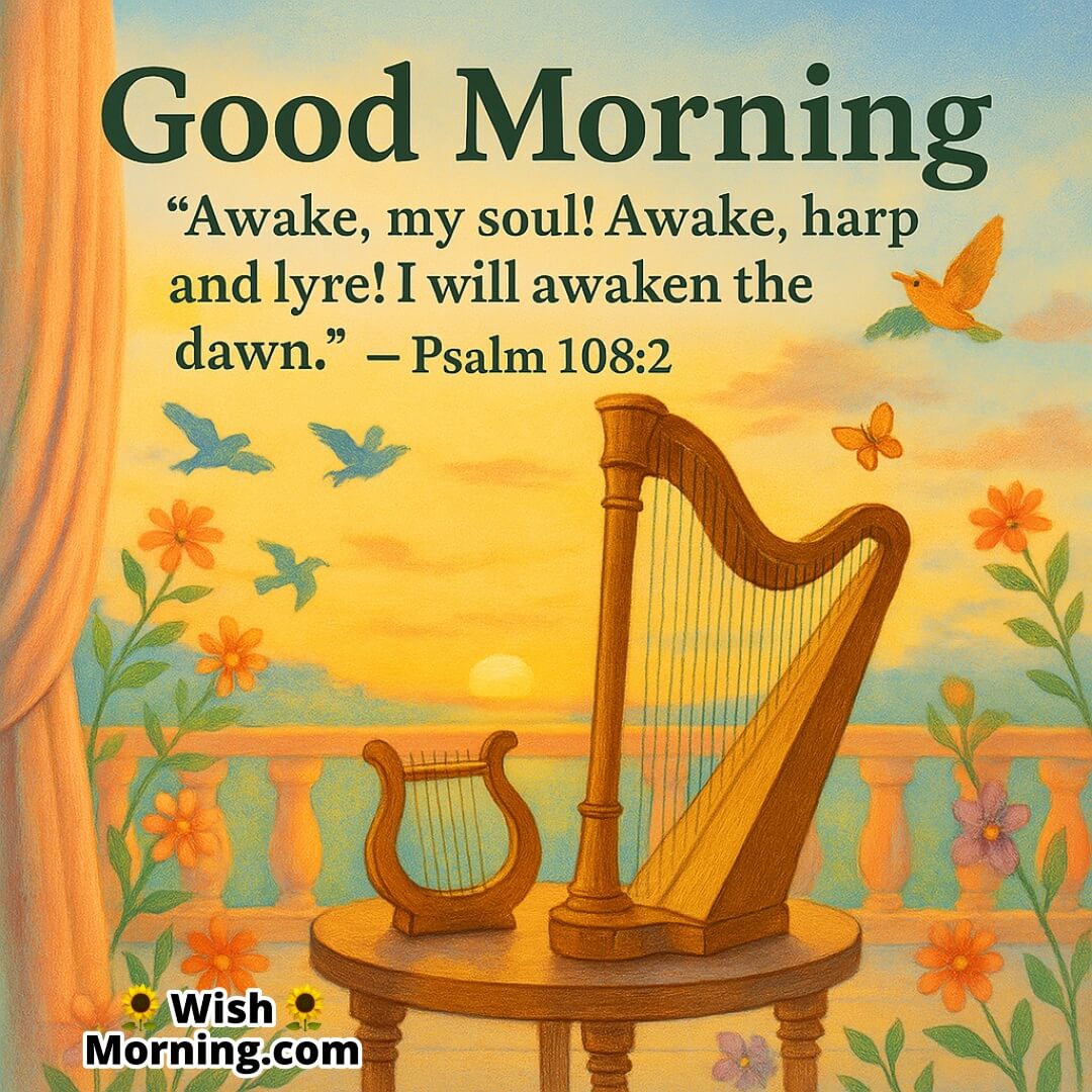 Good Morning with Psalm 108:2, featuring harp and lyre in a vibrant sunrise setting symbolizing joyful spiritual awakening.