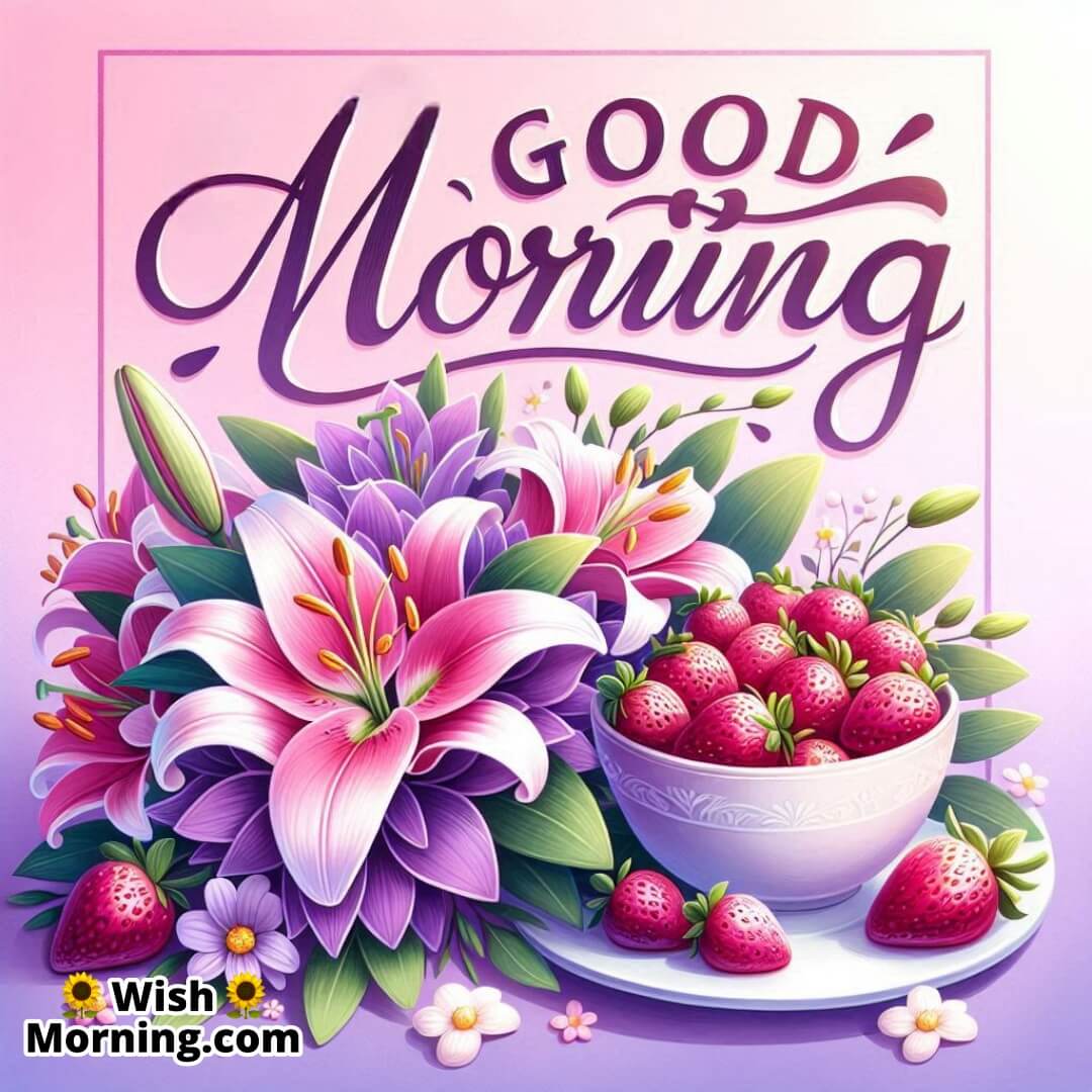 Good Morning Lilies And Fresh Strawberries Image