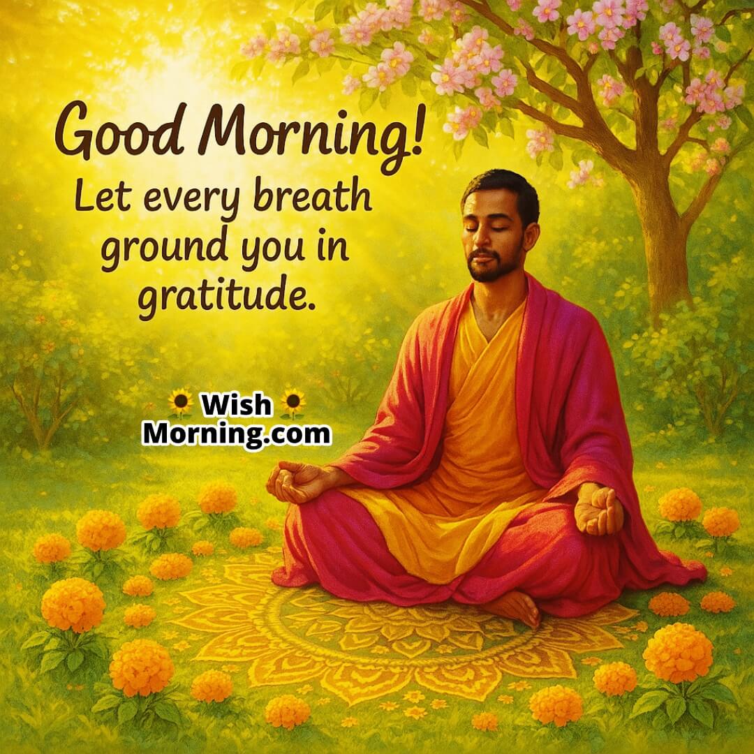 Good Morning meditation beneath a blooming tree, symbolizing gratitude, light, and inner peace.