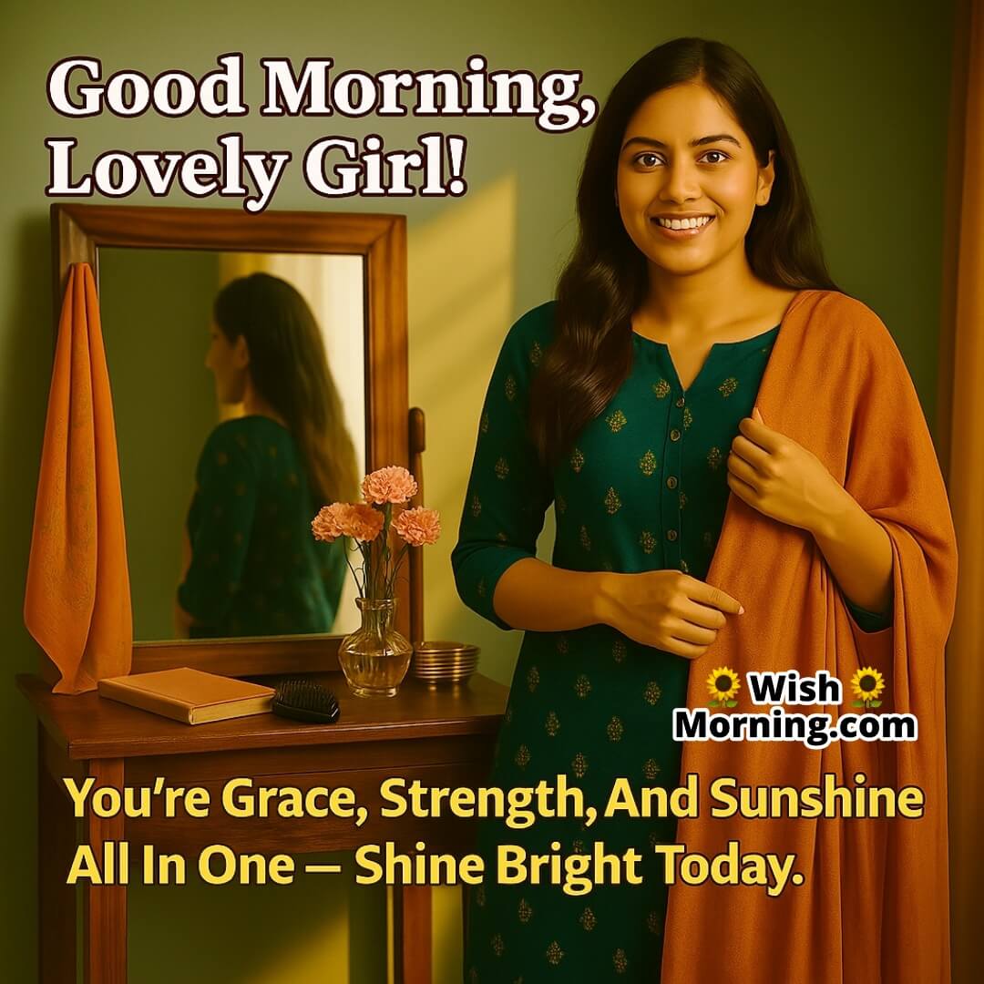 Good Morning Message For Female Friend with a smiling Indian girl beside her dressing table, symbolizing grace, strength, and positive morning energy.