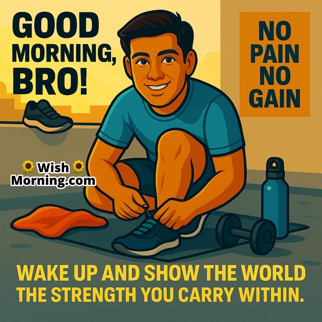 Good Morning Message For Male Friend with bold terrace workout scene, dumbbell, and sunlight symbolizing strength, focus, and confidence.