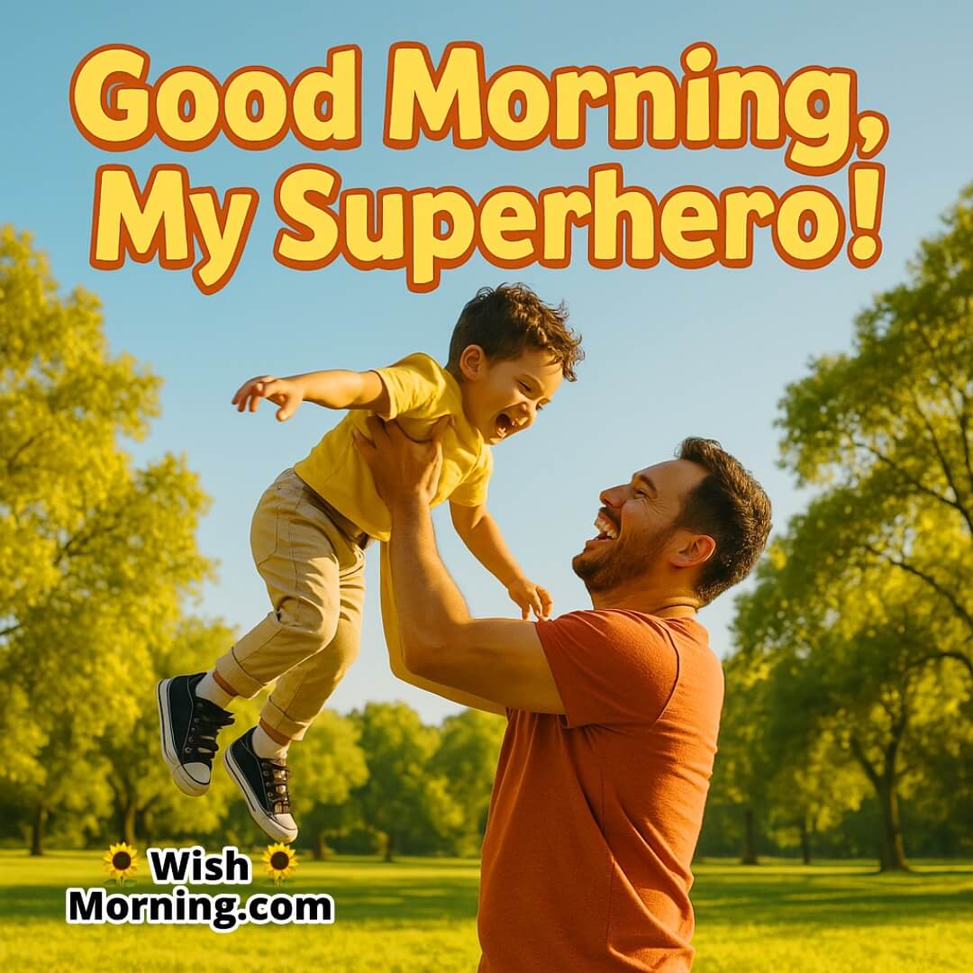 A joyful father lifting his child in the morning sun, symbolizing strength and happiness.