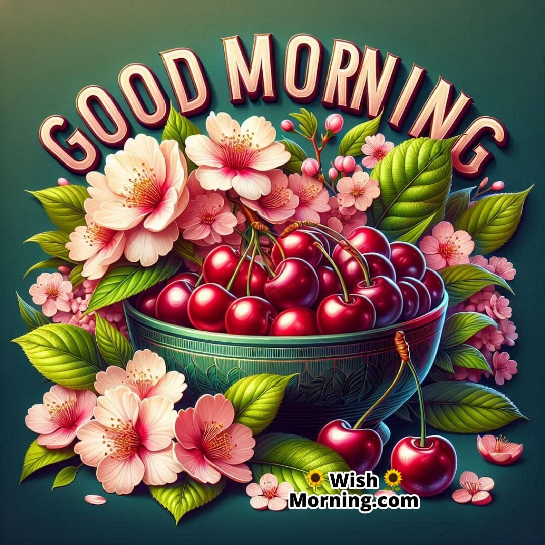Good Morning Pic With Cherry Blossom And Cherries