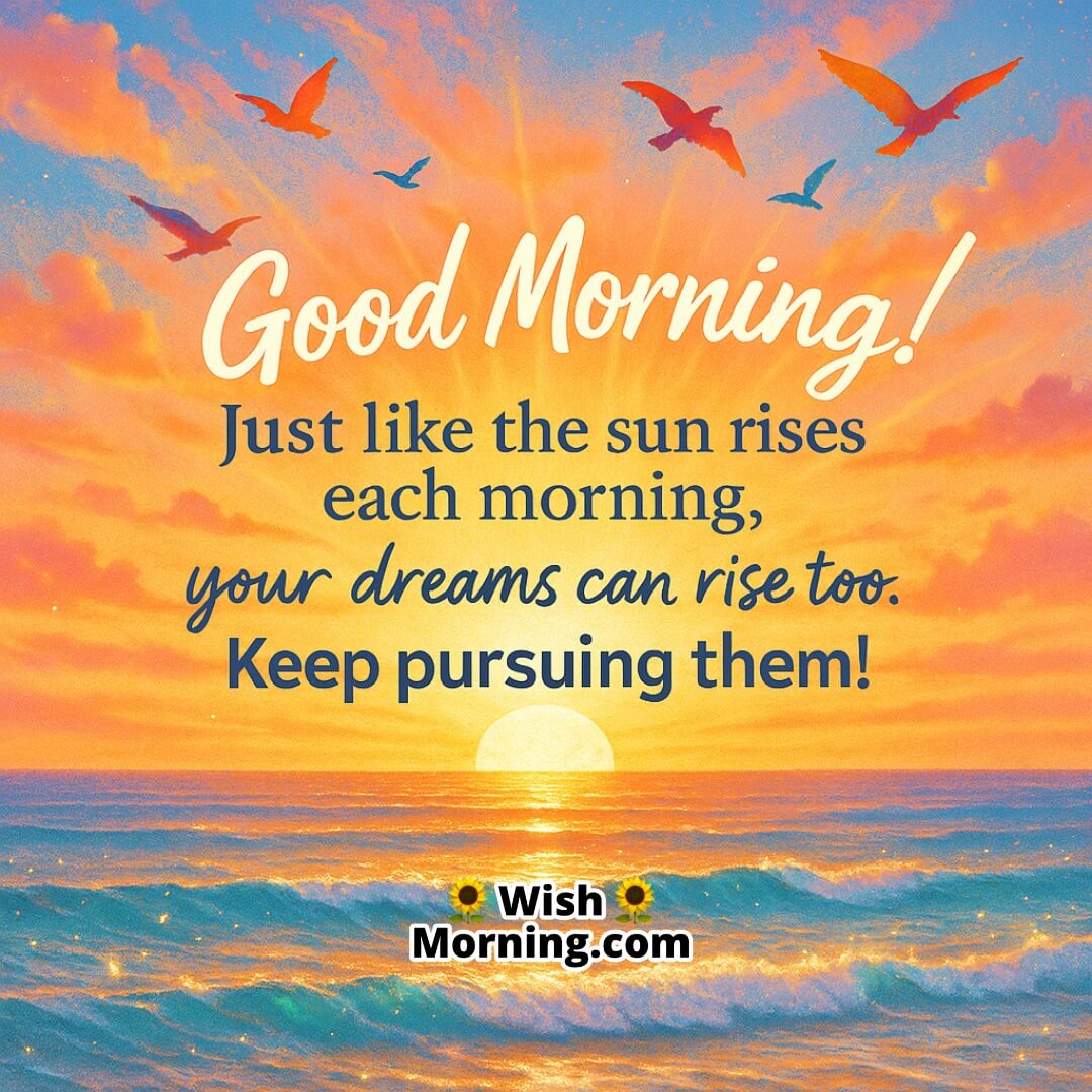 Good Morning with a glowing sunrise lighting a garden path, symbolizing the blessings of each day and the journey toward fulfilling dreams.