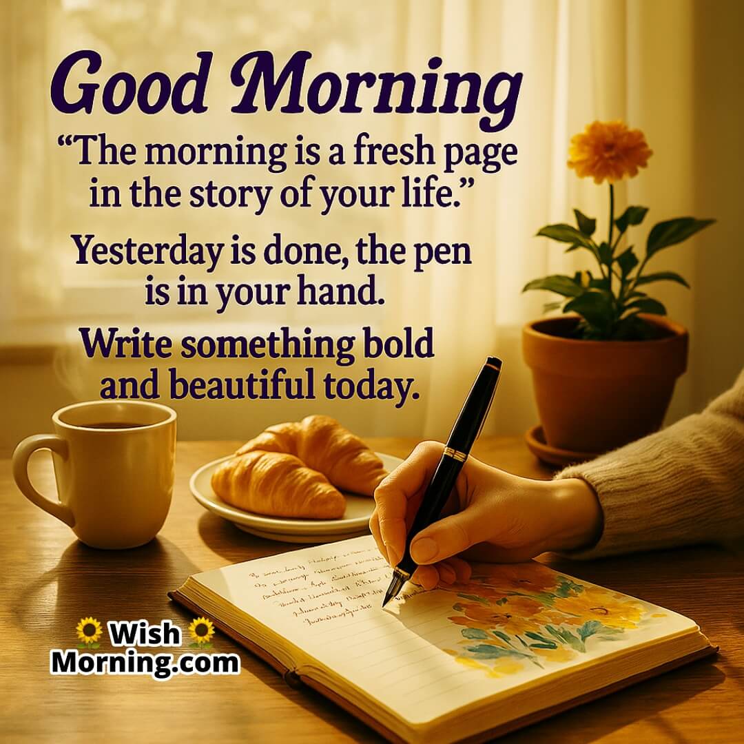 Good Morning with journaling by window symbolizing reflection and fresh beginnings.
