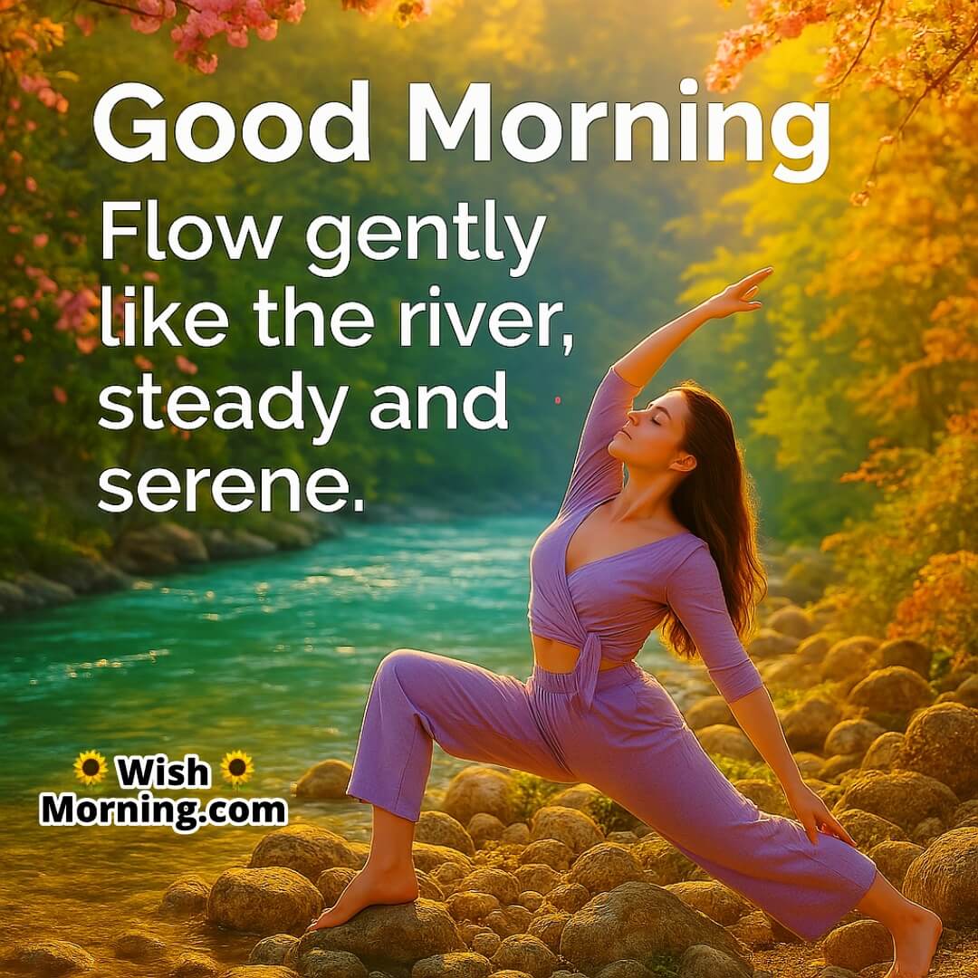 Good Morning riverside yoga in spring hues, symbolizing calm energy, graceful flow, and serenity.
