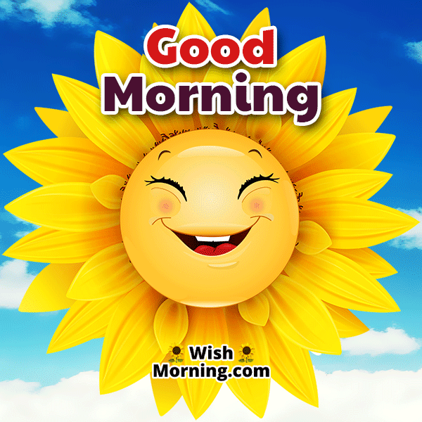 Animated GIF of a happy, smiling cartoon flower wishing 'Good Morning'