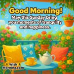 Good Morning with a colorful Sunday garden terrace symbolizing cheerful peace and joyful relaxation.