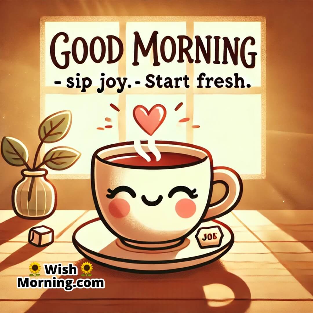 Good Morning warm cartoon scene with tea cup and inspiring fresh start text.