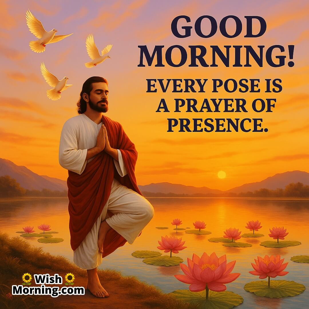 Good Morning tree pose by a glowing lake with doves, symbolizing spiritual presence and mindful balance.