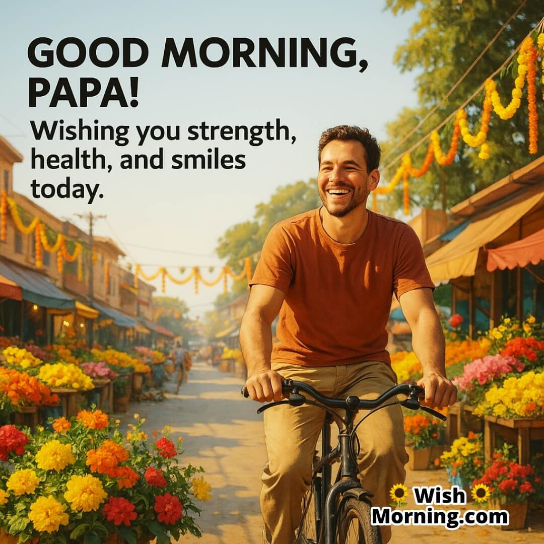 Father cycling in a lively street, symbolizing health, cheer, and colorful vibes.