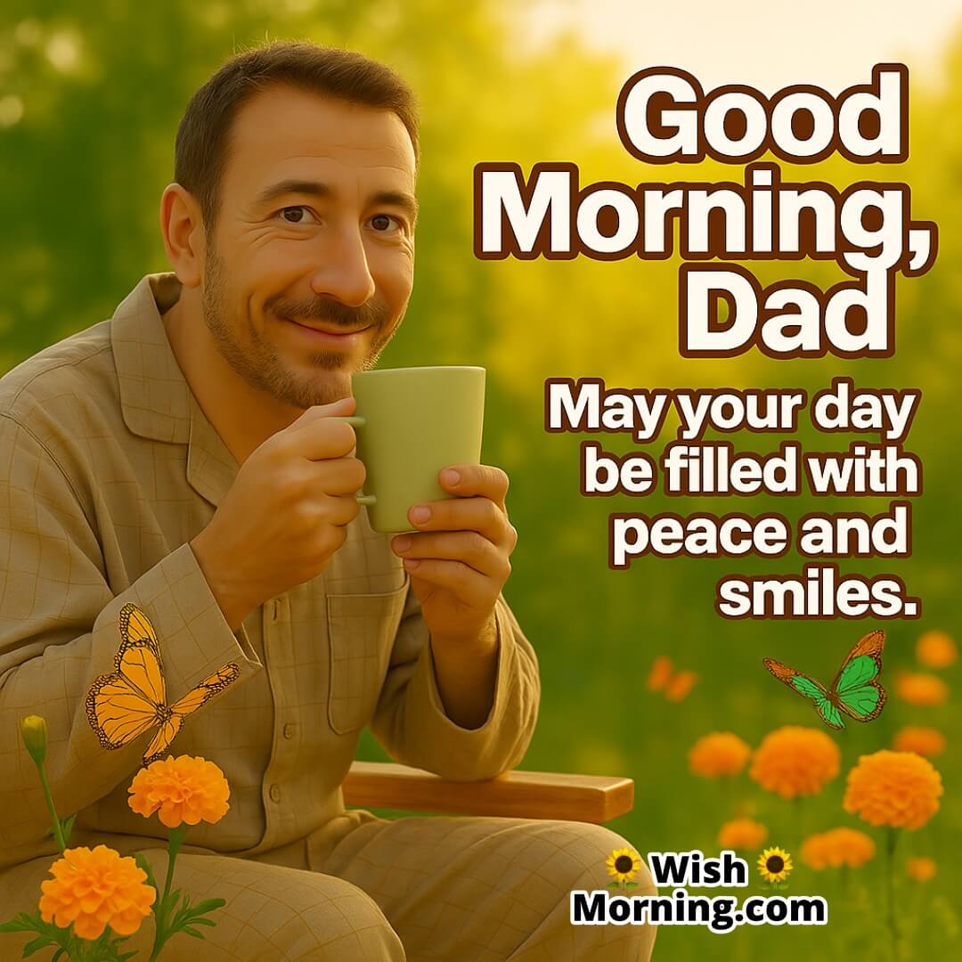 Cheerful father enjoying morning tea in a garden, symbolizing peace, nature, and warmth.