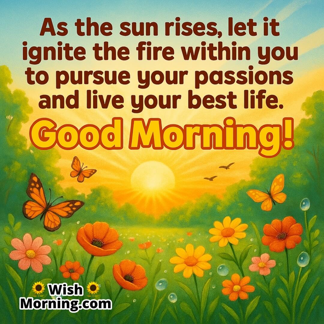 Good Morning with sunrise over a cheerful garden symbolizing new beginnings and inner motivation.