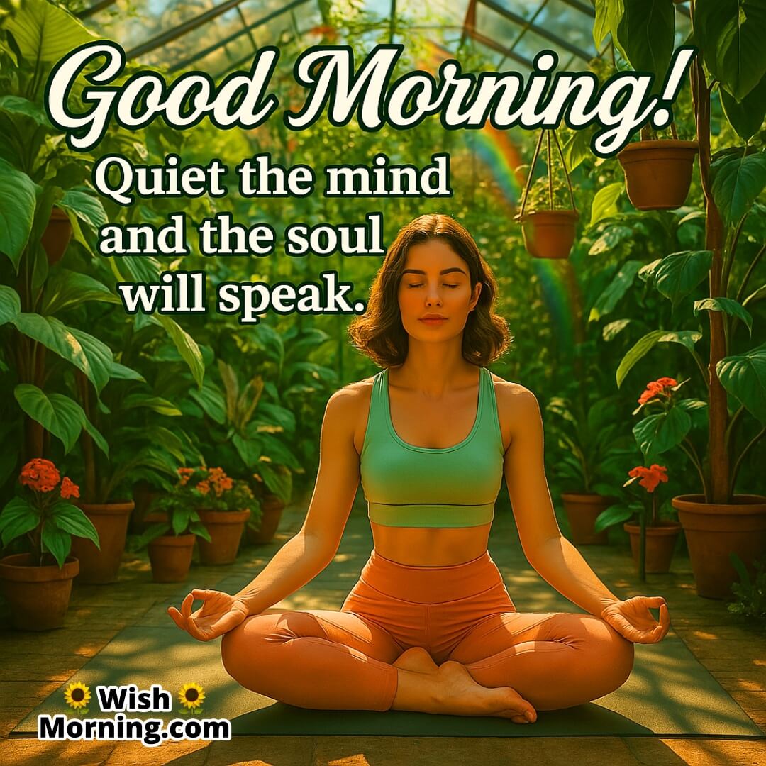 Good Morning indoor yoga in a tropical greenhouse, symbolizing mental calm, reflection, and clarity.