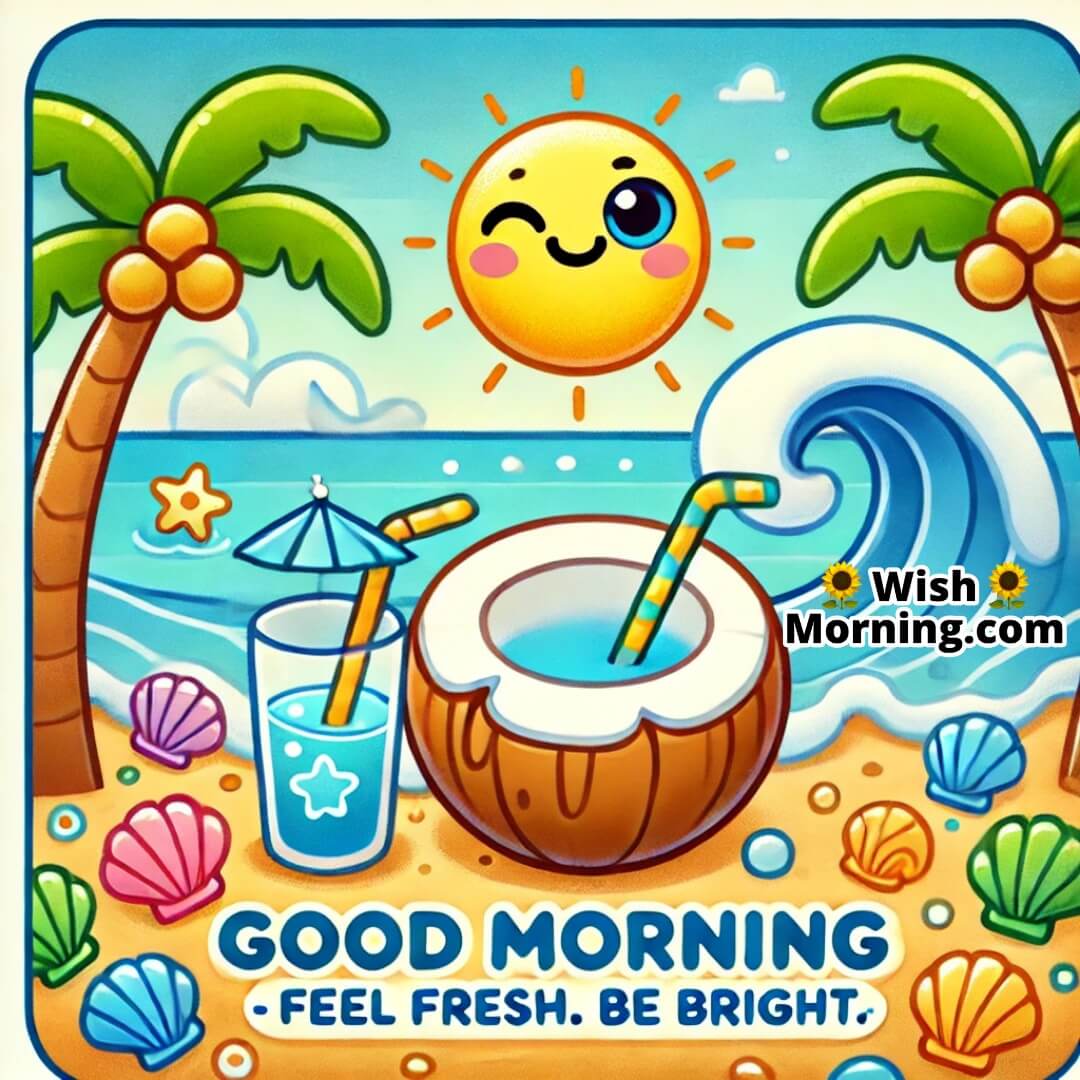 Good Morning beach-themed cartoon image filled with freshness and bold morning energy.