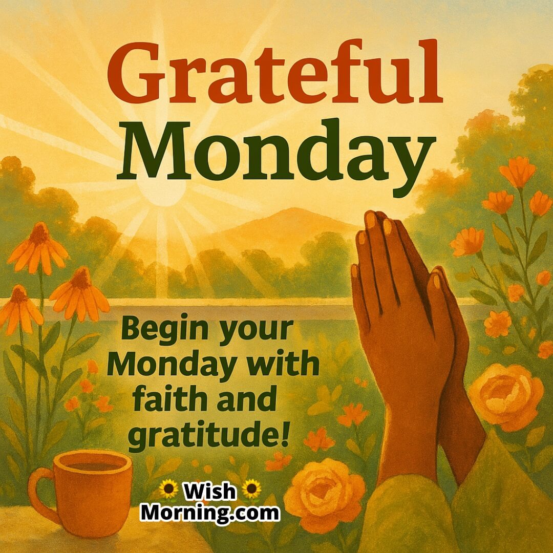 Grateful Monday morning scene with sunlight, nature, and peaceful posture symbolizing a faithful and thankful start to the week.