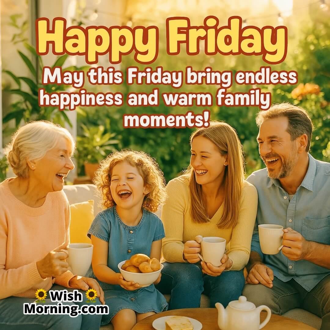 Happy Friday with a joyful family morning scene and warm sunlight symbolizing love, bonding, and a cheerful start to the weekend.