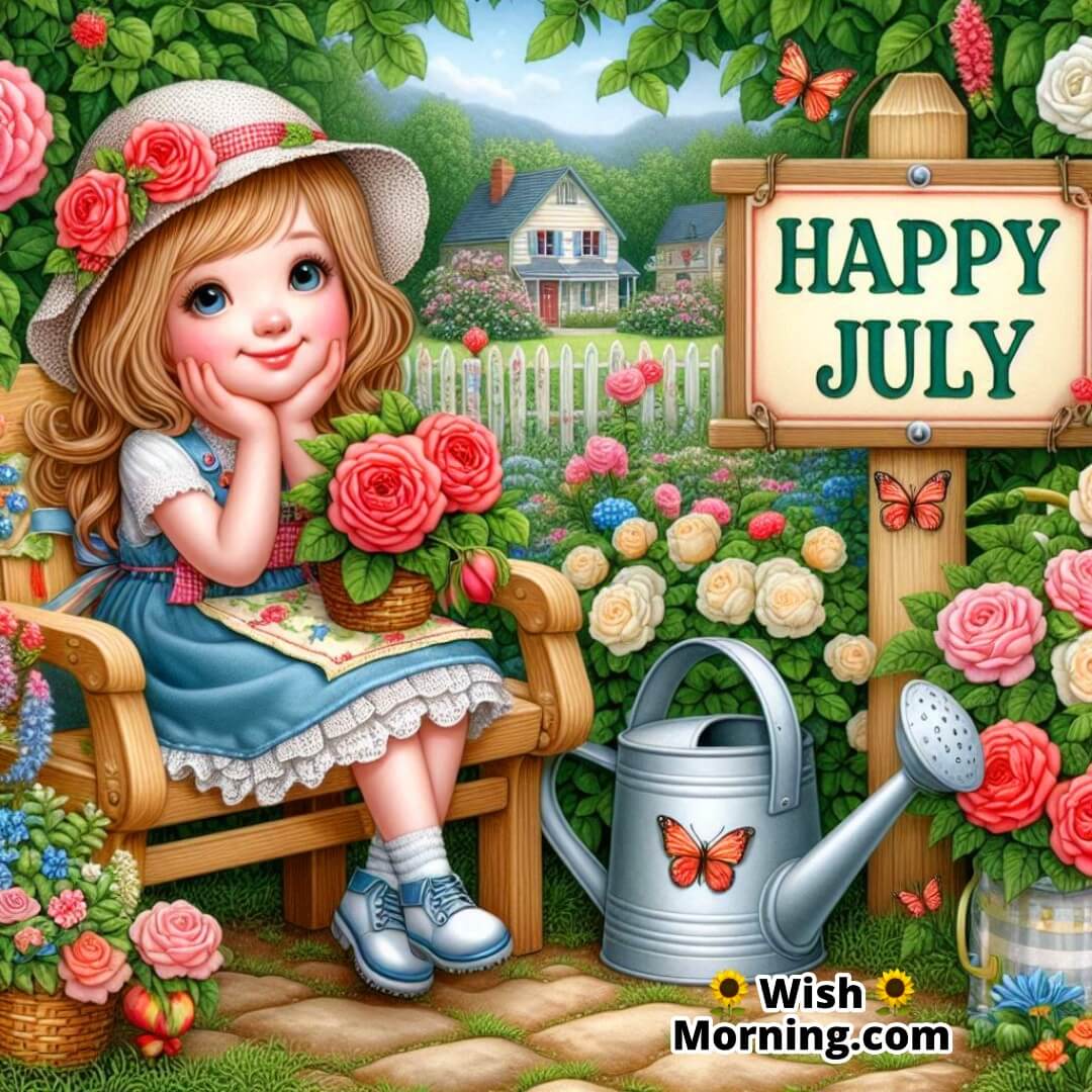 Happy July in a blooming garden celebrating peace and freshness.