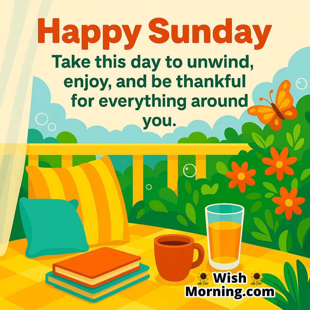Happy Sunday poster in colorful garden or balcony scene symbolizing rest, joy, and thankfulness.