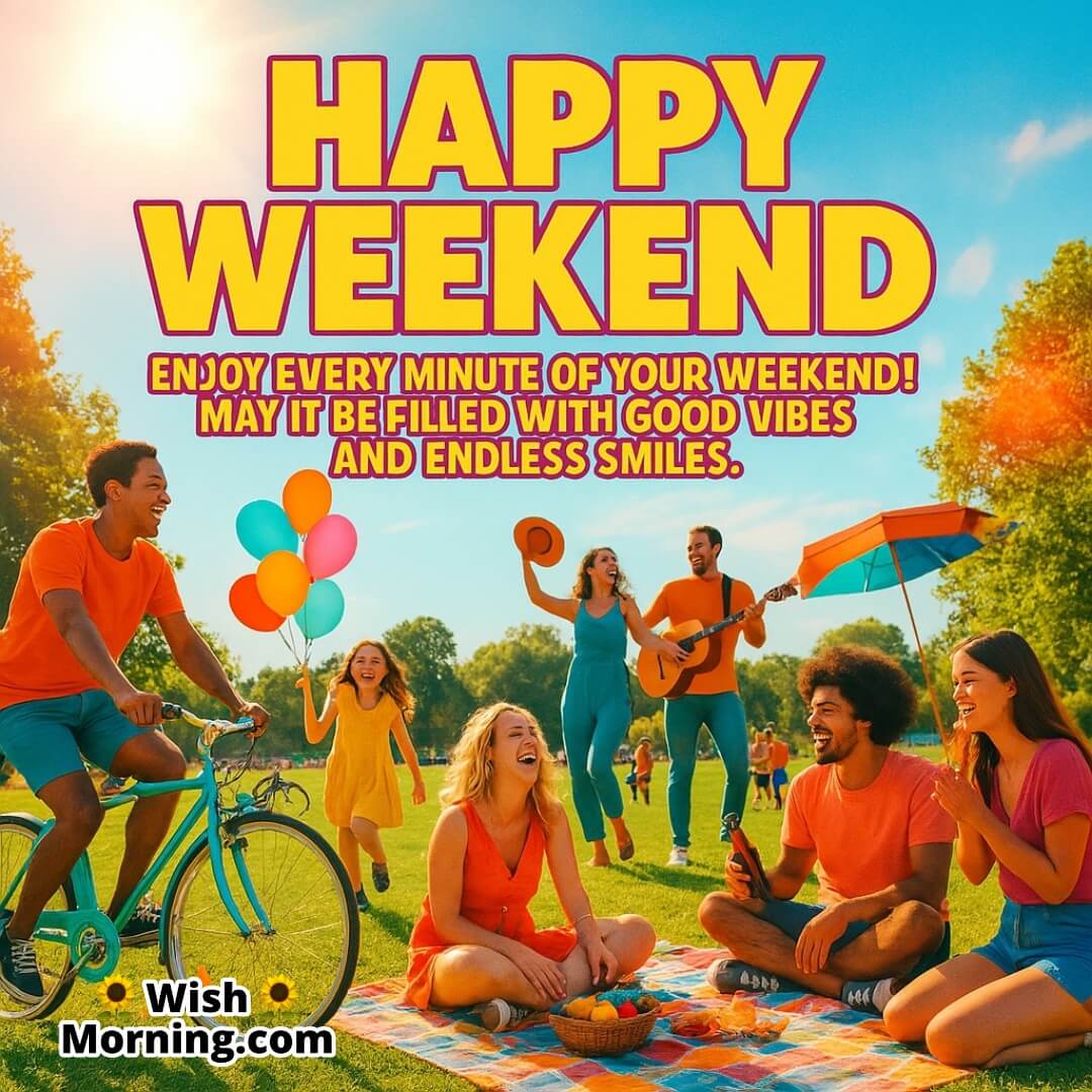 Happy Weekend with colorful outdoor fun and people smiling symbolizing vibrant joy, positivity, and laughter.