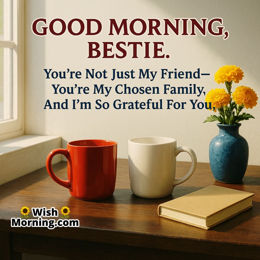 Heart Touching Good Morning Message For Best Friend with cozy tea setup, color-contrasted mugs and flowers, sunlight, and warmth reflecting gratitude and emotional closeness.