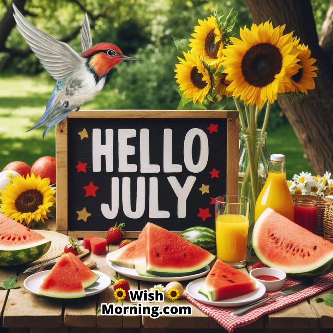 Hello July with a fresh morning breakfast and sunny setup.