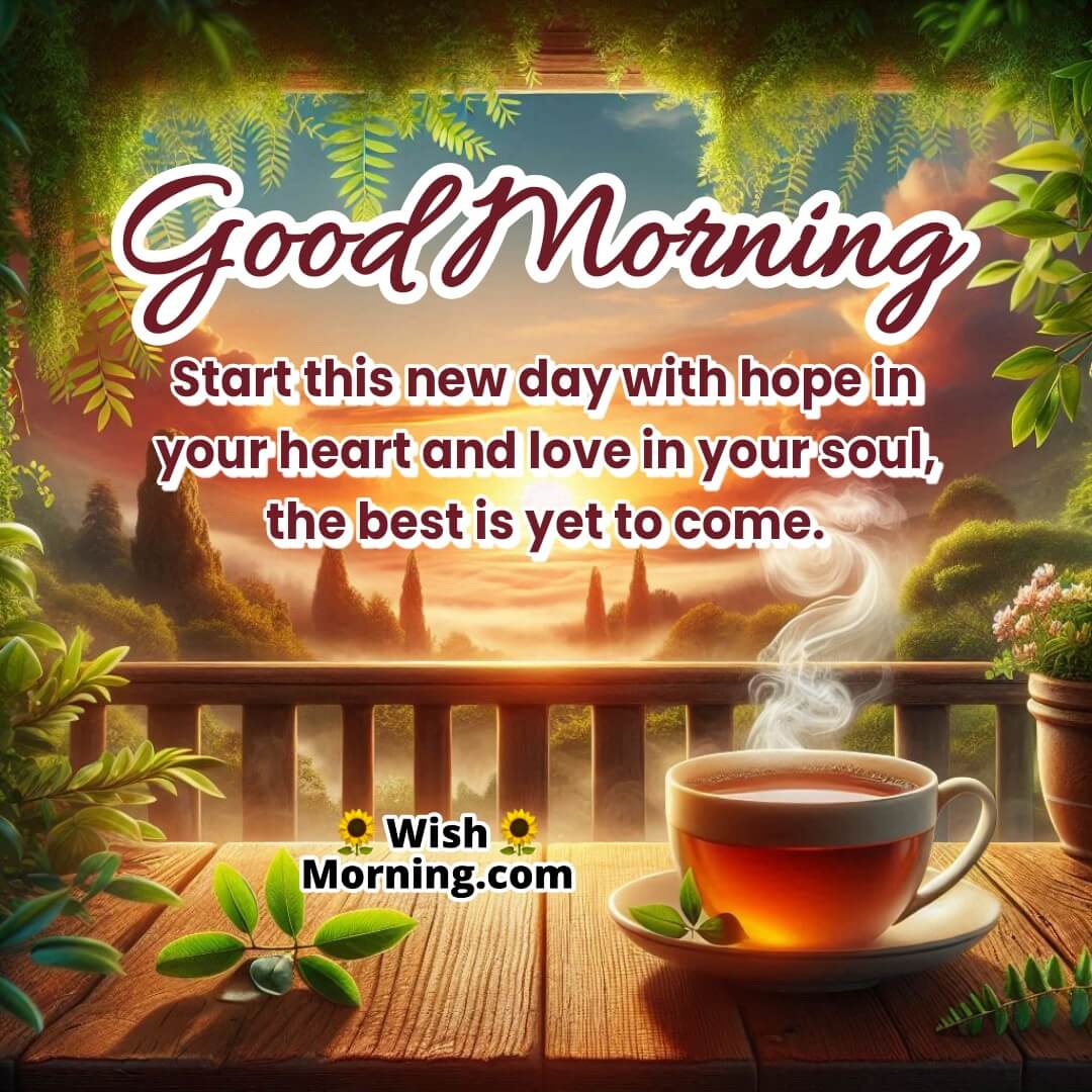 Hopeful Good Morning Message With Tea image with sunrise view from balcony, symbolizing hope and fresh starts.