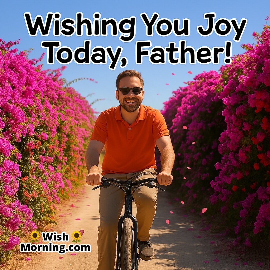 A father riding a bicycle through vibrant blooms, symbolizing freedom, happiness, and joy in motion.