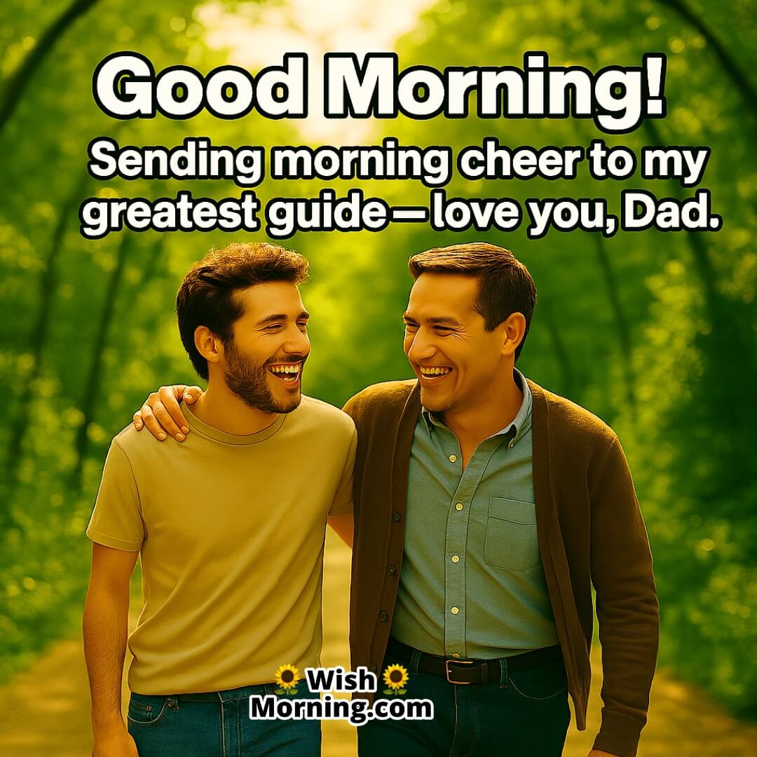 Father and grown child walking and laughing in the morning, symbolizing love, guidance, and joyful bonding.