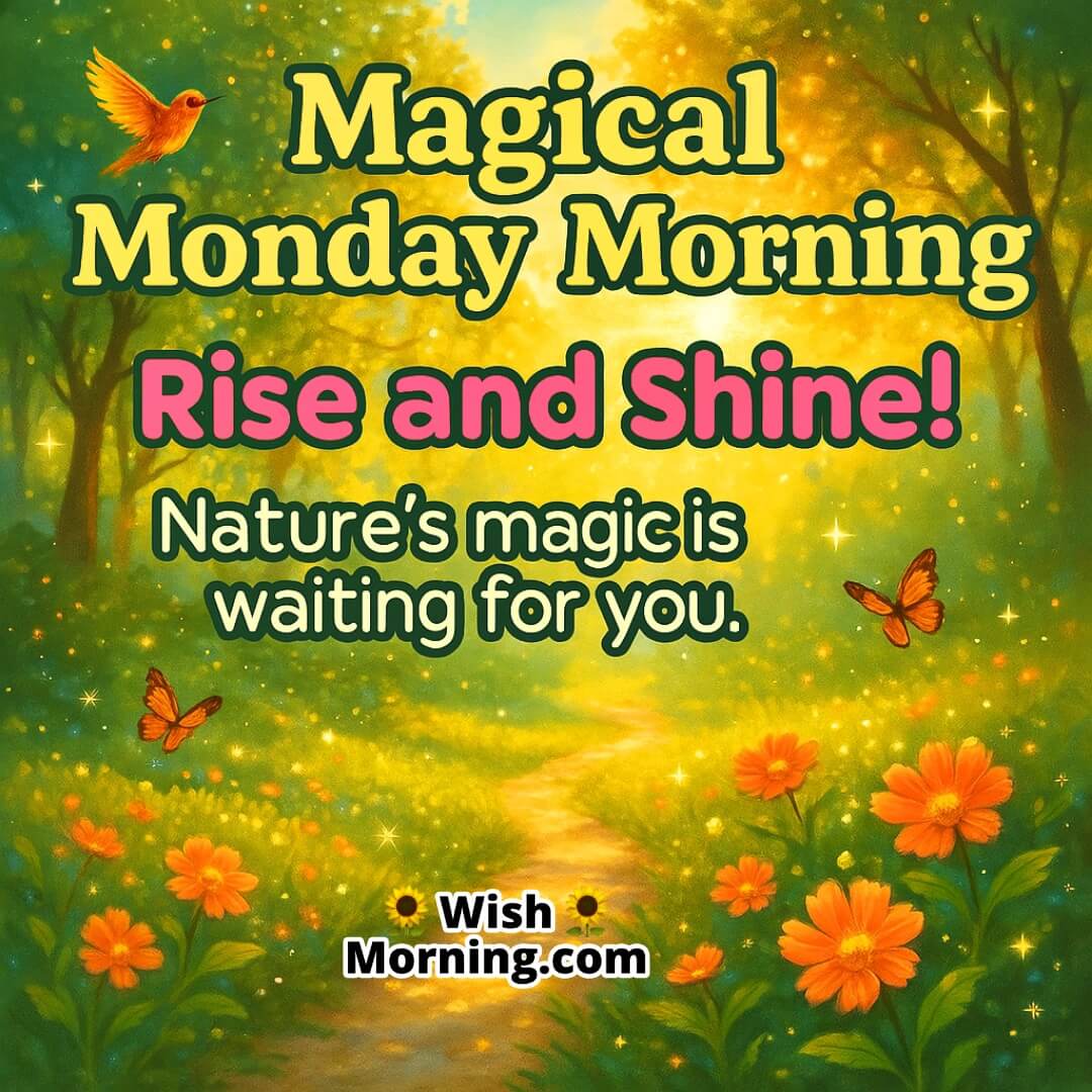 Magical Monday morning in a sunlit forest with butterflies and sparkles symbolizing renewal, positivity, and the beauty of nature.