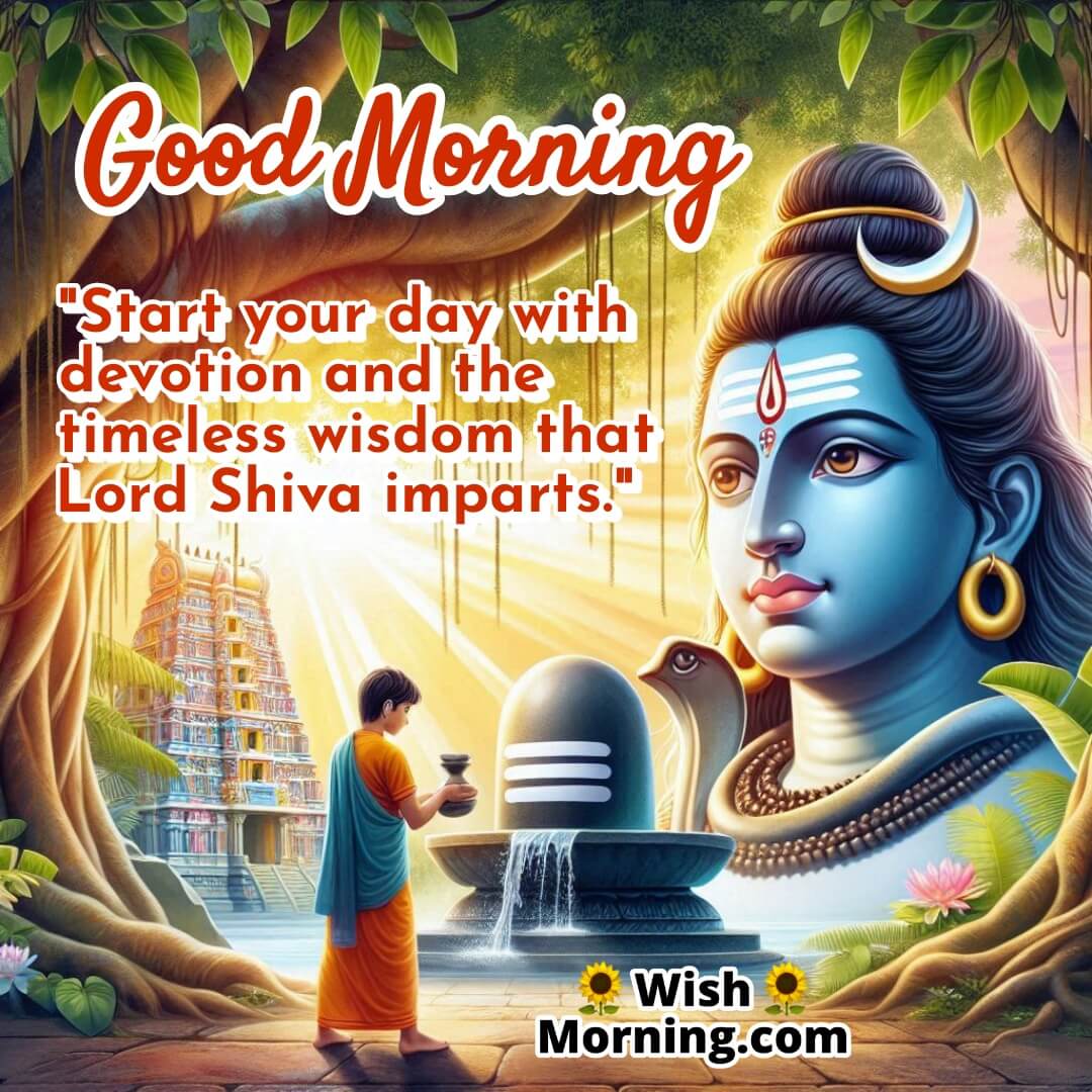 Good Morning image with Shivling, Lord Shiva idol, and morning worship, symbolizing devotion and wisdom.