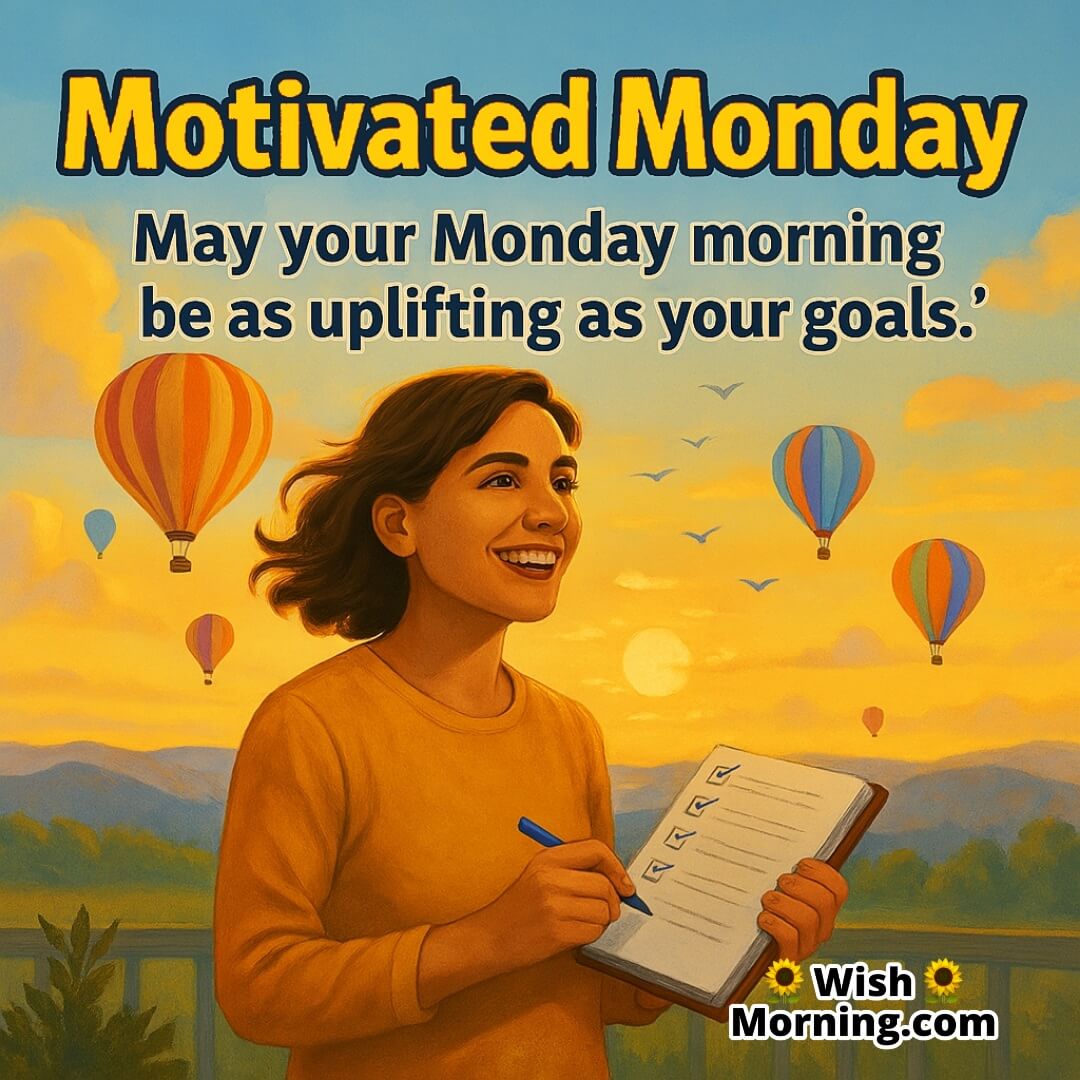 Motivated Monday with sunrise and hot air balloons symbolizing upliftment and ambition.