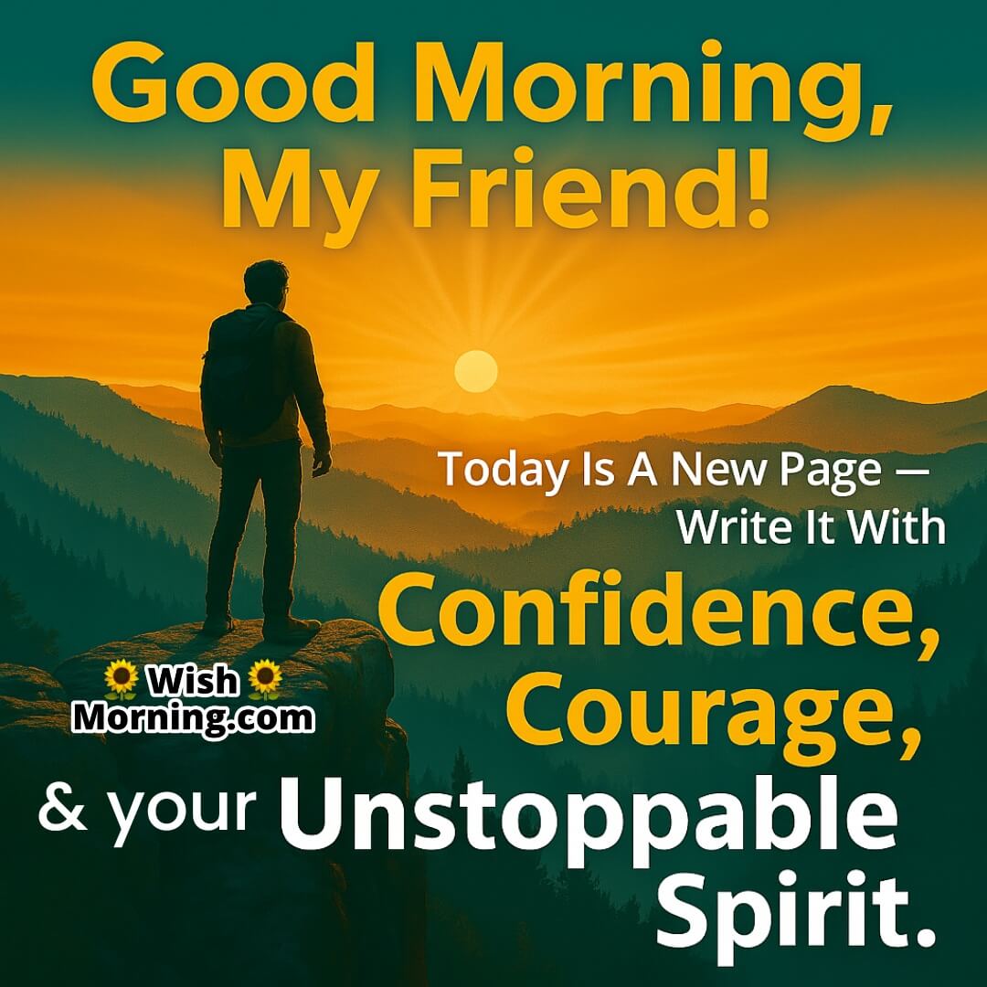 Motivational Good Morning Message For A Friend with sunrise on mountain peak, lone figure, and powerful message of confidence and courage.