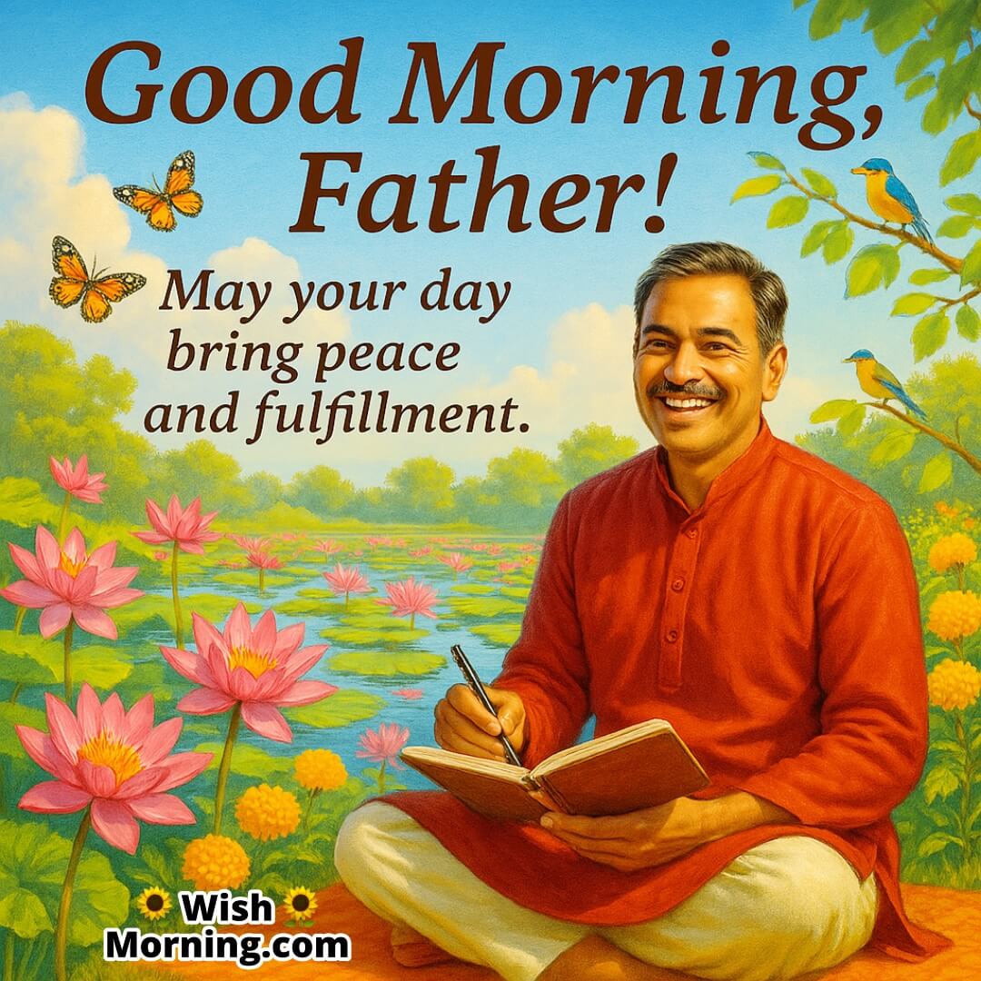 Father journaling near a lotus pond, symbolizing peace, reflection, and a fulfilling day ahead.