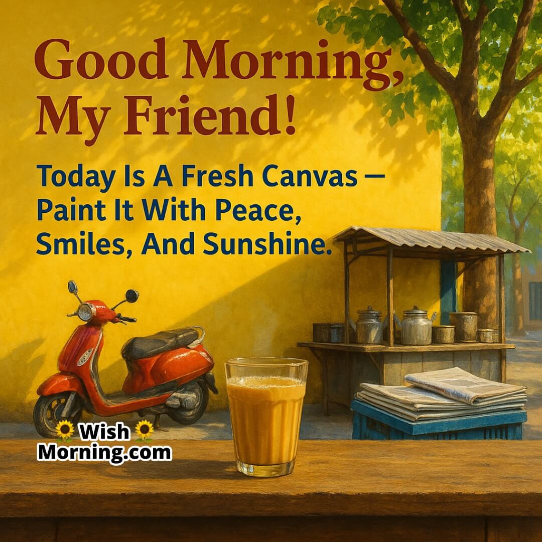Positive Good Morning Message For A Friend with Indian tea stall, scooter, and painted wall symbolizing a cheerful, fresh morning filled with hope.