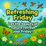 Refreshing Friday with a sunlit green meadow, wildflowers, and butterflies symbolizing freshness and nature’s beauty.