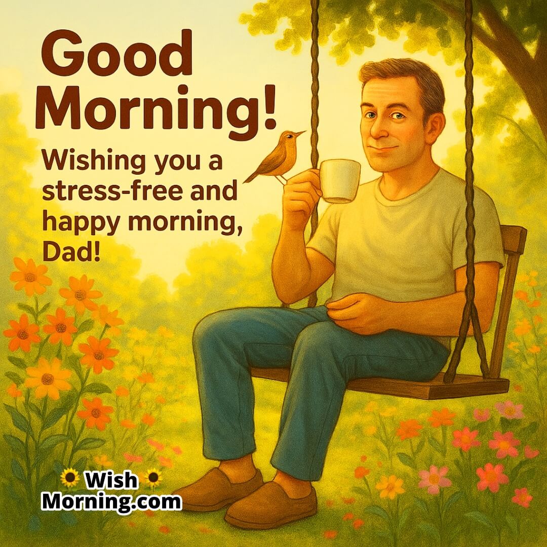 Father relaxing on a garden swing in the morning, symbolizing stress-free happiness and nature's calm.