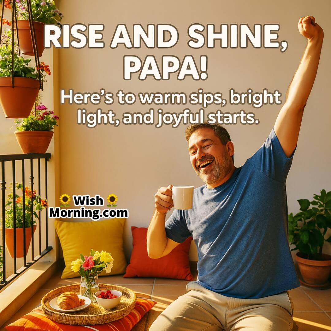 Father enjoying a peaceful morning on a colorful balcony, symbolizing calm, positivity, and fresh starts.