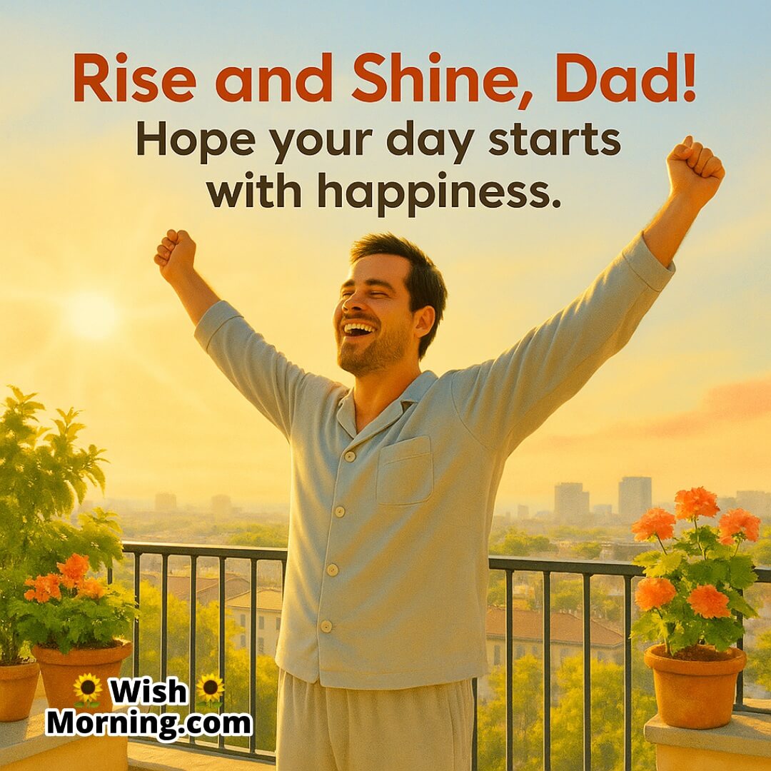 Father stretching on a balcony, symbolizing a cheerful start to the day.