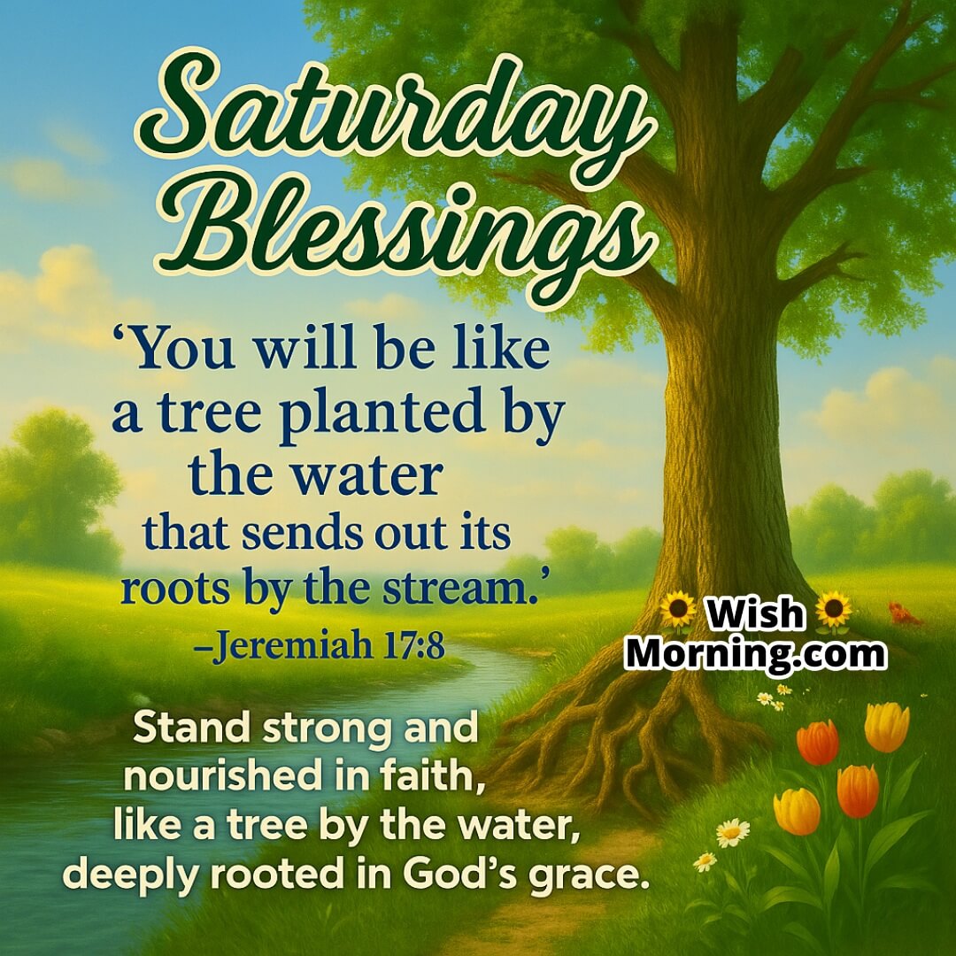 Saturday Blessings image with a thriving tree rooted beside a clear stream under a bright sky — symbolizing Jeremiah 17:8 and spiritual strength through God’s grace.
