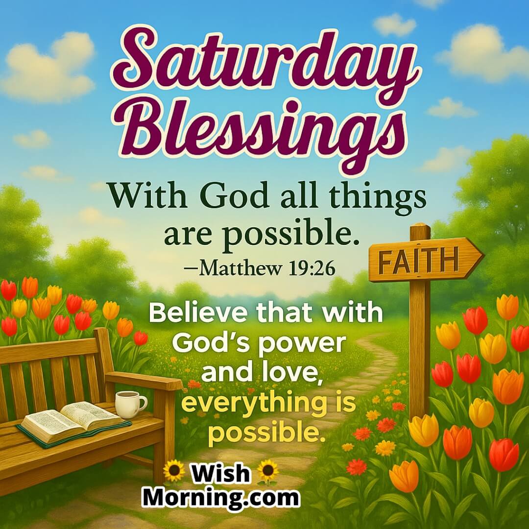 Saturday Blessings with a bright countryside scene, a "FAITH" signpost, and open Bible on a bench — symbolizing hope, belief, and divine possibilities from Matthew 19:26.