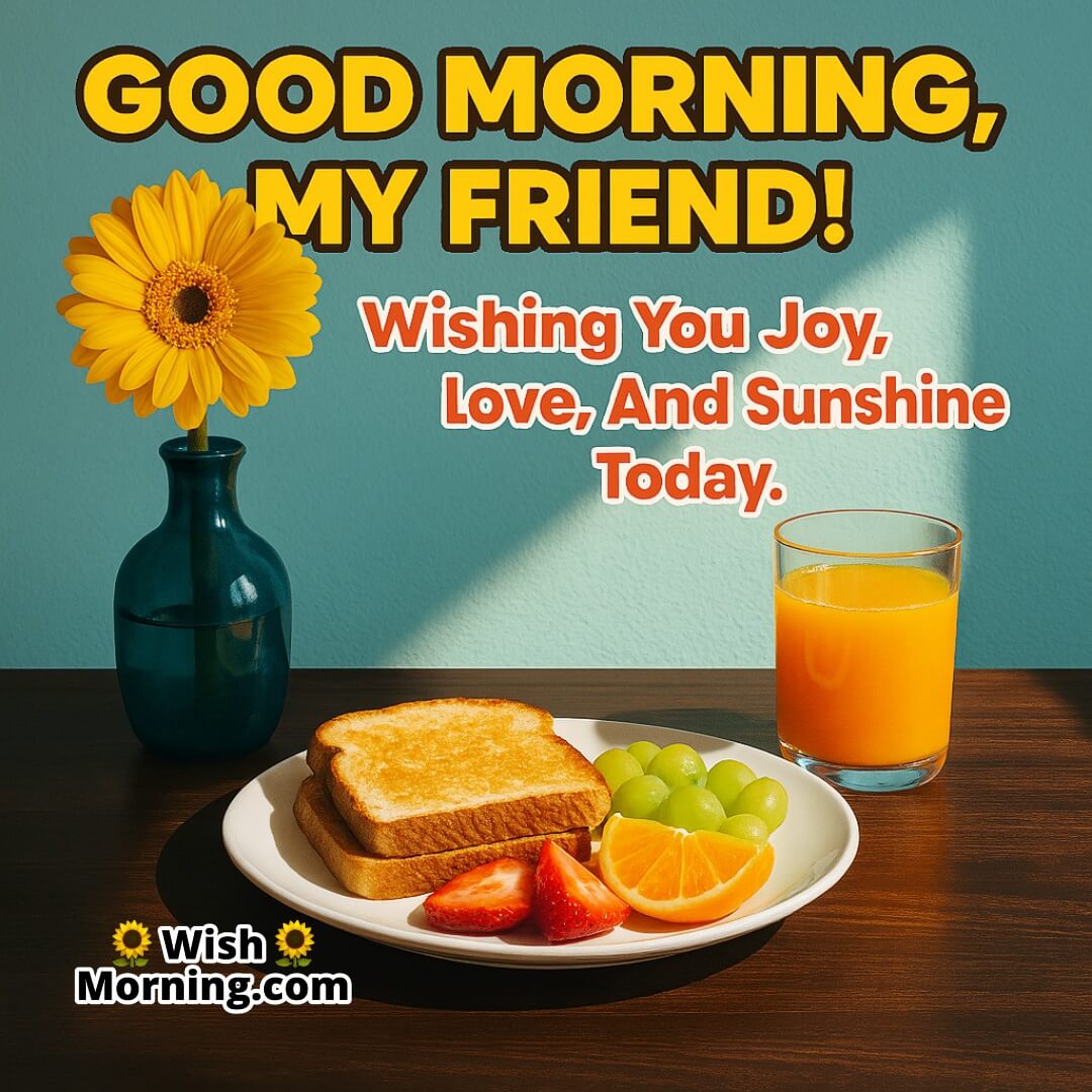 Short And Sweet Good Morning Message For A Friend with colorful breakfast table, contrasting elements, and vibrant morning setup symbolizing joyful beginnings.