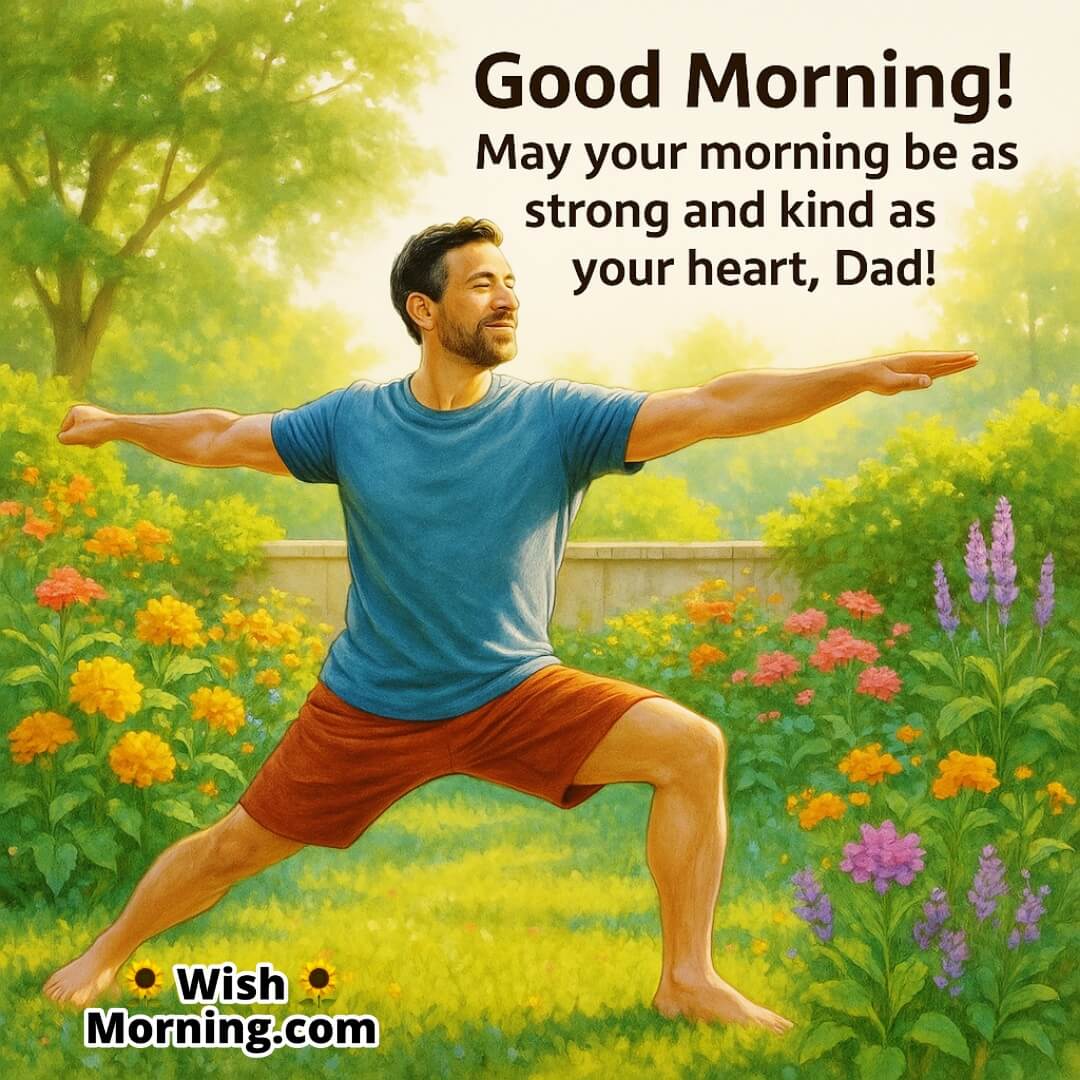 Father exercising in a vibrant garden, symbolizing strength, kindness, and healthy beginnings.