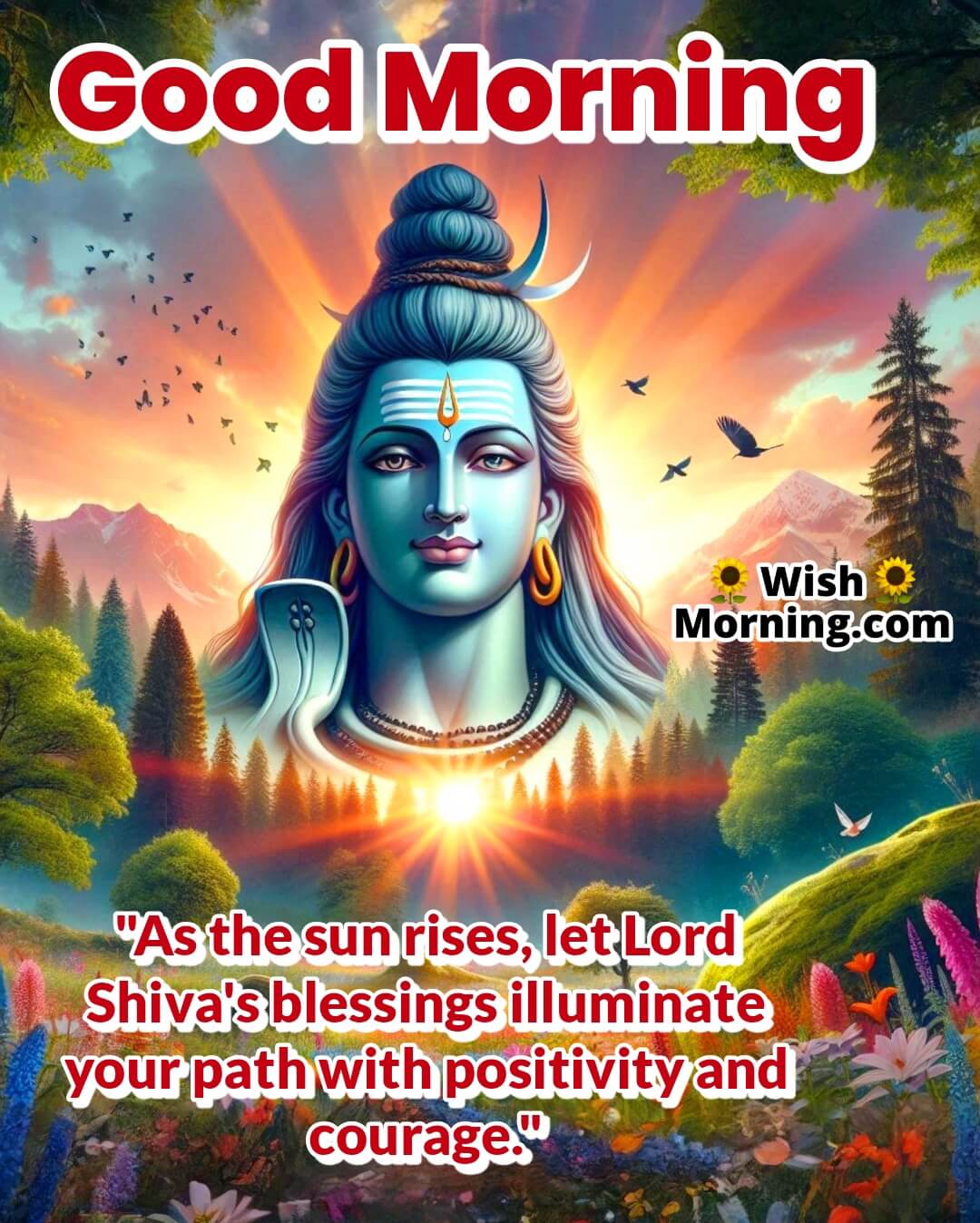 Good Morning image with Shiva idol at sunrise and colorful forest scene, representing divine strength and courage.