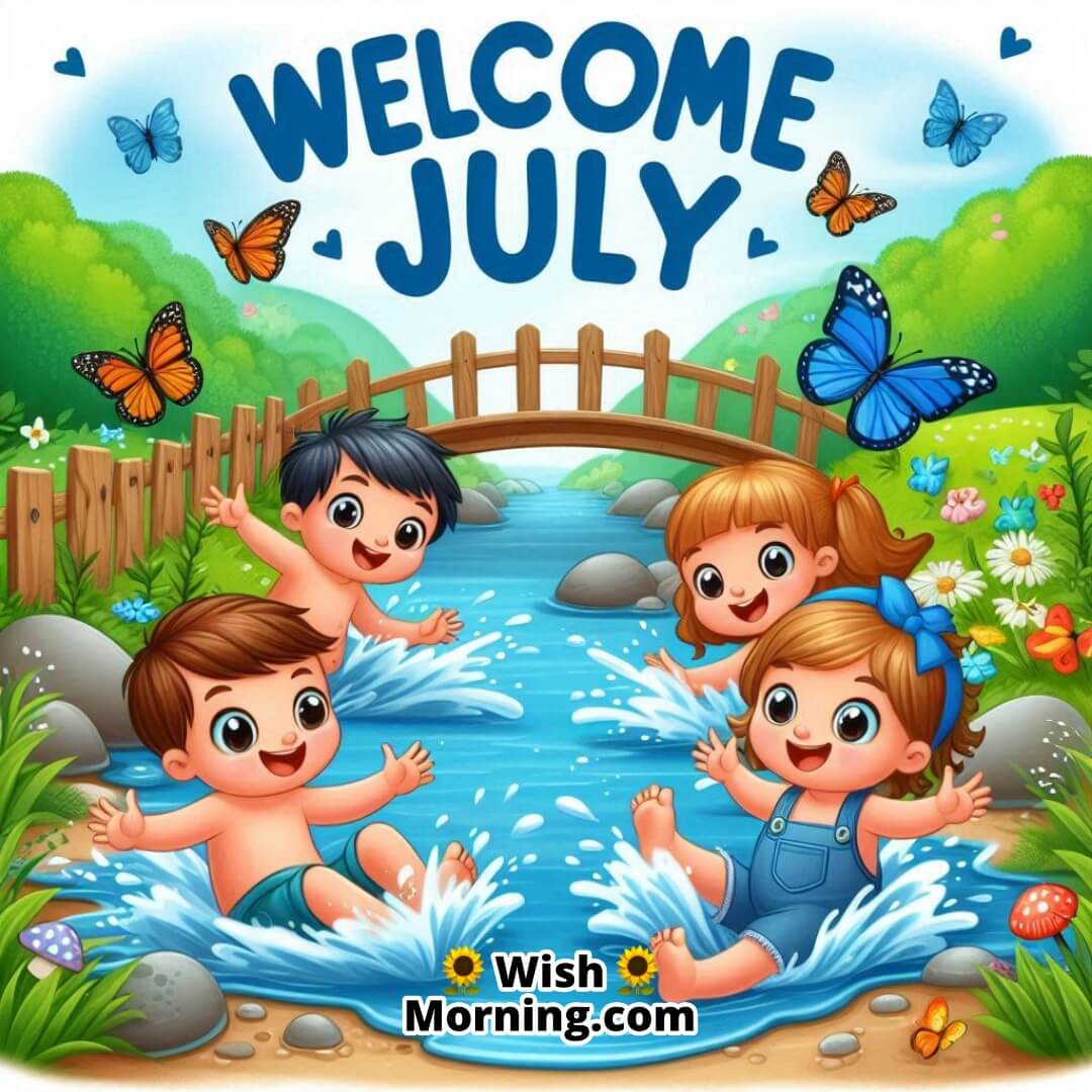 Welcome July Children Enjoying In River Image