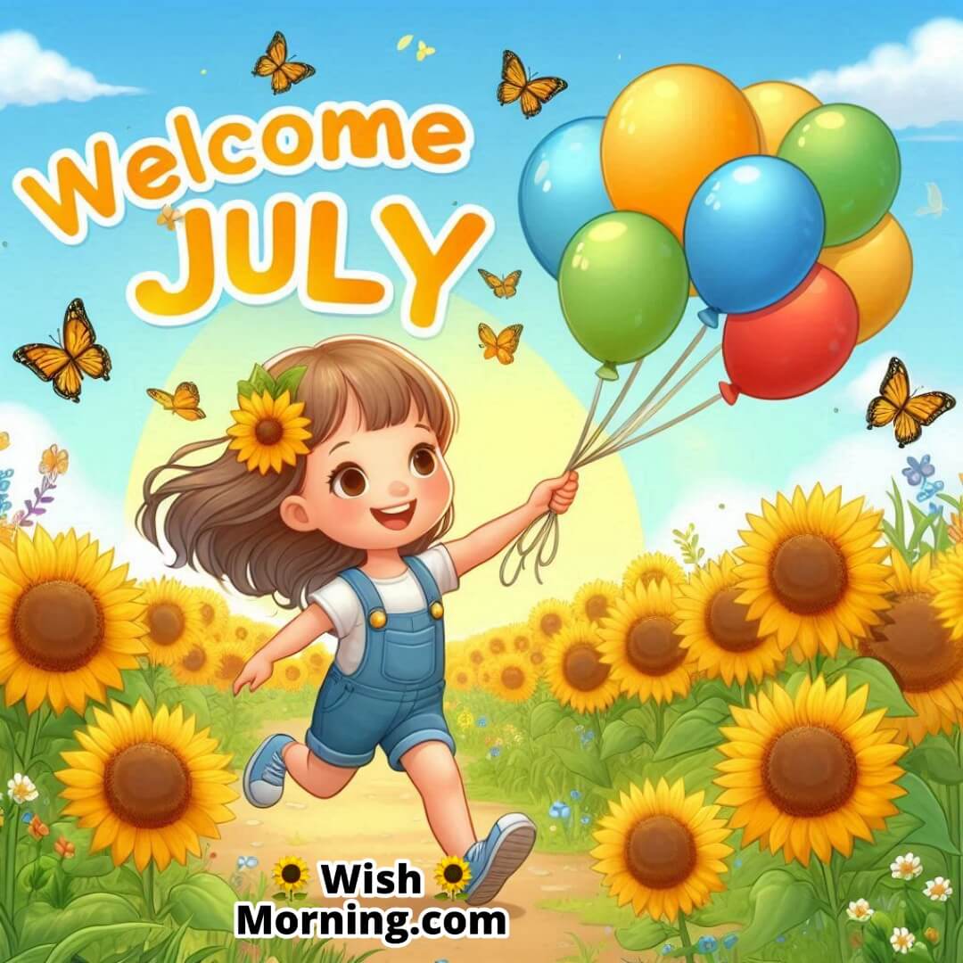 Welcome July in sunflower field symbolizing a joyful and energetic start to the month.
